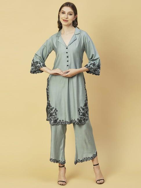 fashor green embroidered tunic palazzo set