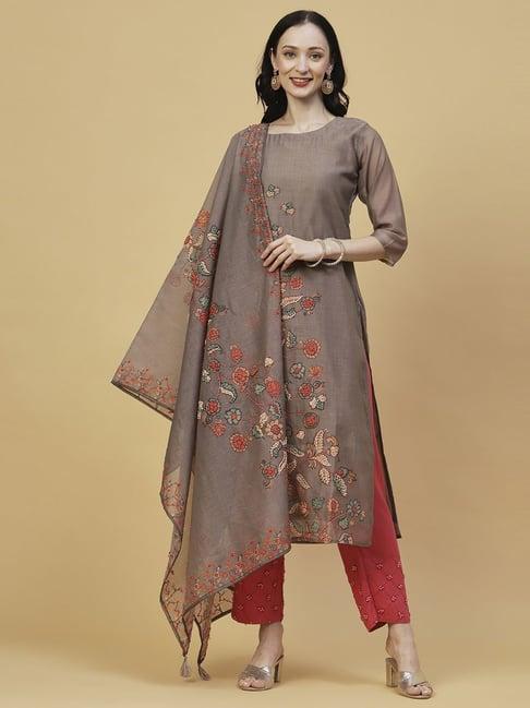 fashor grey & red embroidered kurta with dupatta