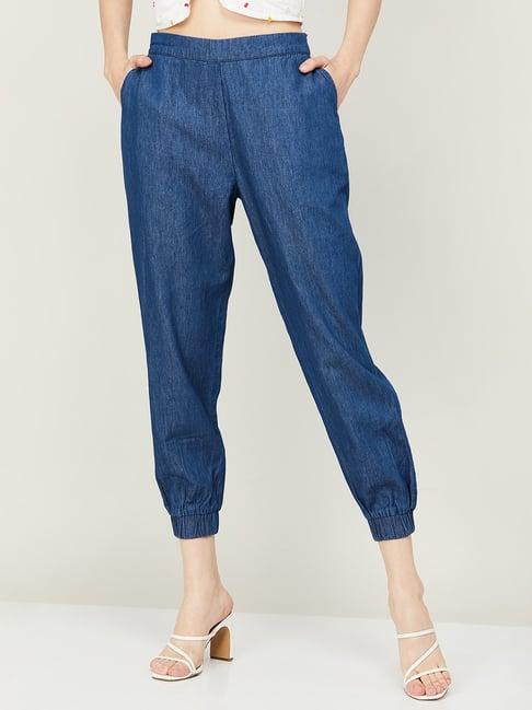 colour me by melange blue cotton crop pants