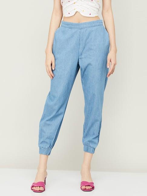 colour me by melange blue cotton crop pants