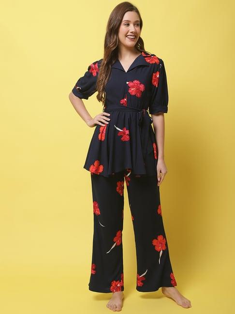 claura navy printed top pyjama set