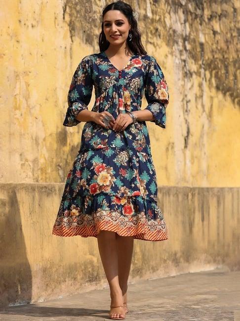 rain and rainbow blue cotton printed a-line dress