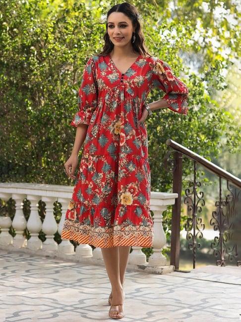 rain and rainbow red cotton printed a-line dress