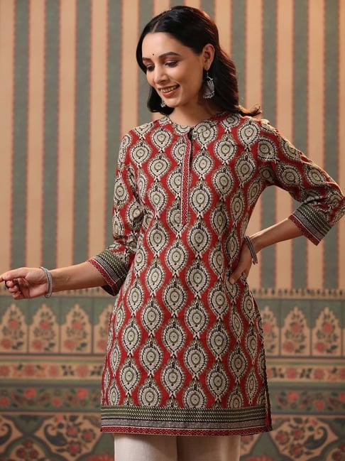 rain and rainbow red cotton printed straight short kurti