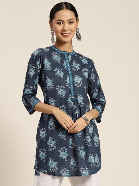 rain and rainbow blue cotton printed a line short kurti