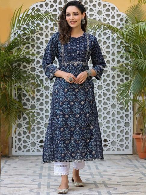 rain and rainbow blue cotton printed straight kurta