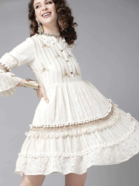 ishin off-white cotton embellished a-line dress