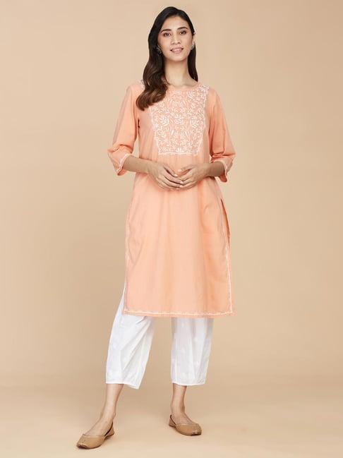 fabindia peach & white cotton embroidered kurta pant set