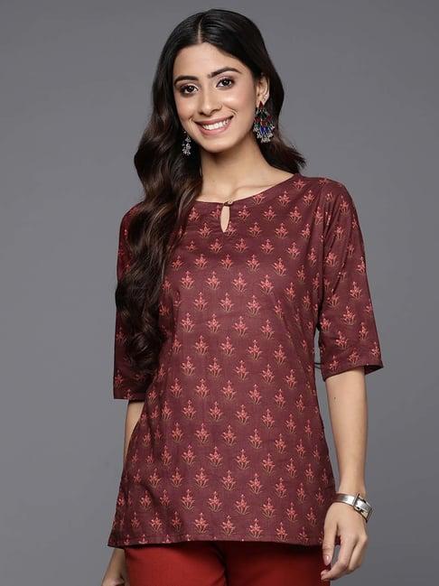 indo era maroon cotton printed top