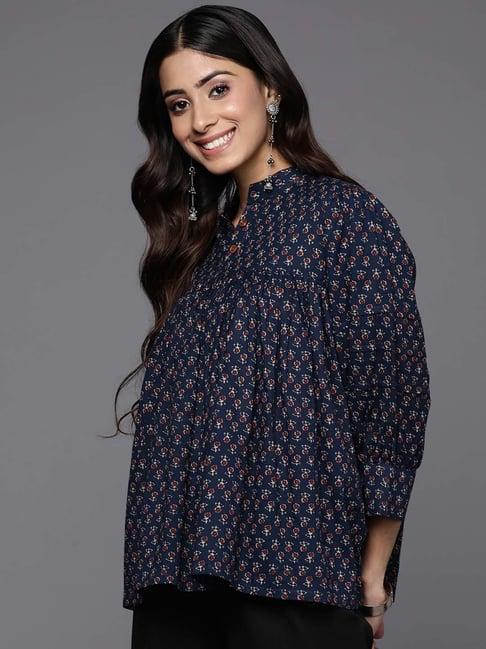 indo era navy cotton printed top