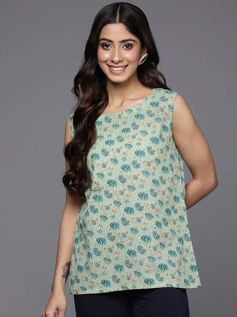 indo era sea green cotton printed top