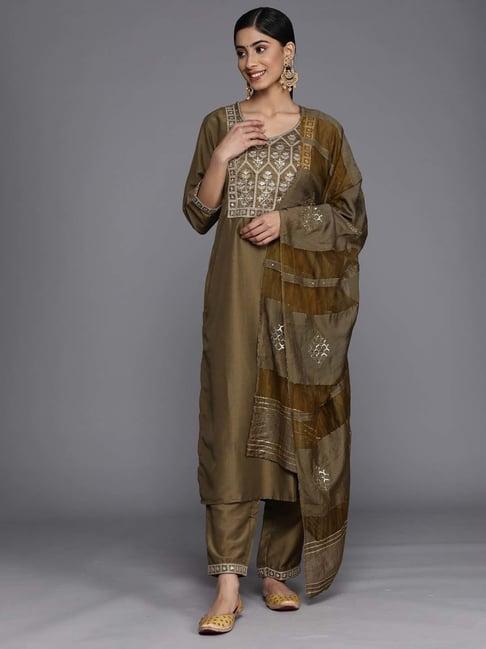 indo era olive green embroidered kurta pant set with dupatta