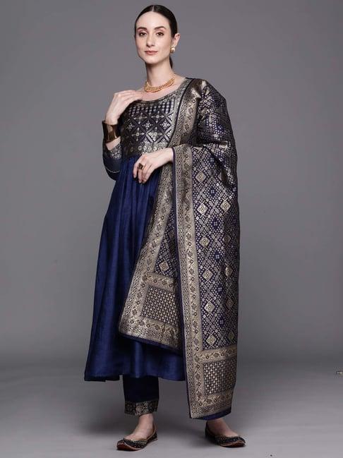 indo era navy woven pattern kurta pant set with dupatta