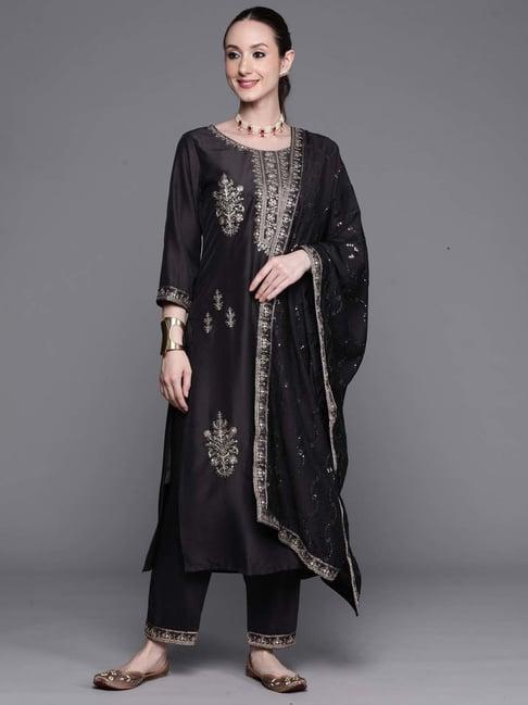 indo era black embroidered kurta pant set with dupatta