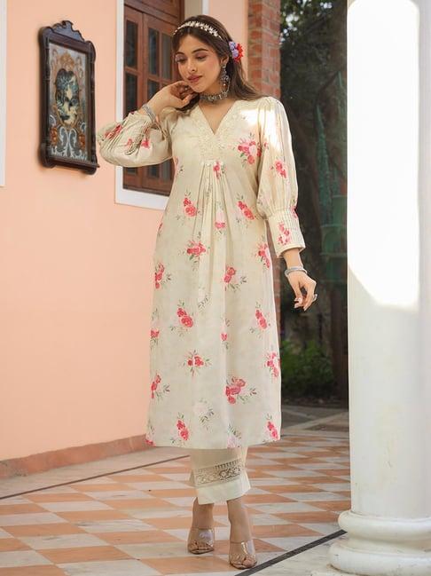 scakhi off white floral print kurta & palazzo set