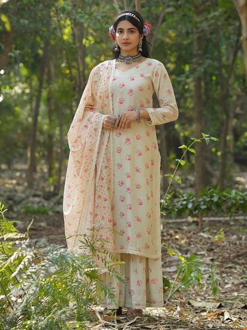 scakhi off white floral print kurta with sharara & dupatta