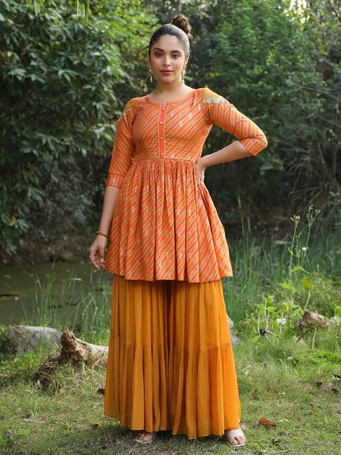 scakhi orange printed peplum kurti & sharara