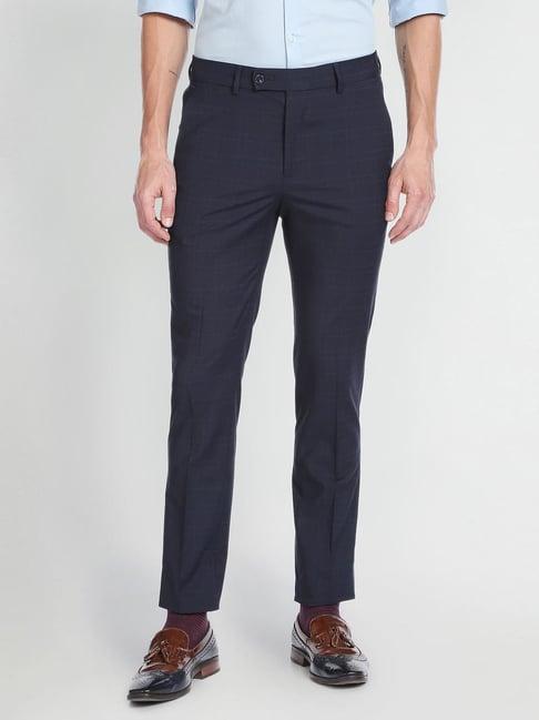 arrow new york dark blue slim fit checks trousers