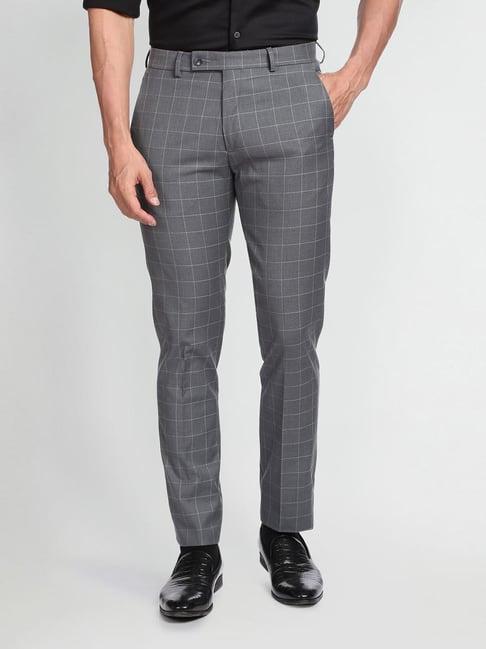 arrow grey melange slim fit checks trousers