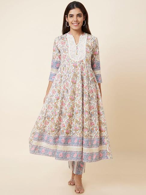 globus off white floral print kurta with pants