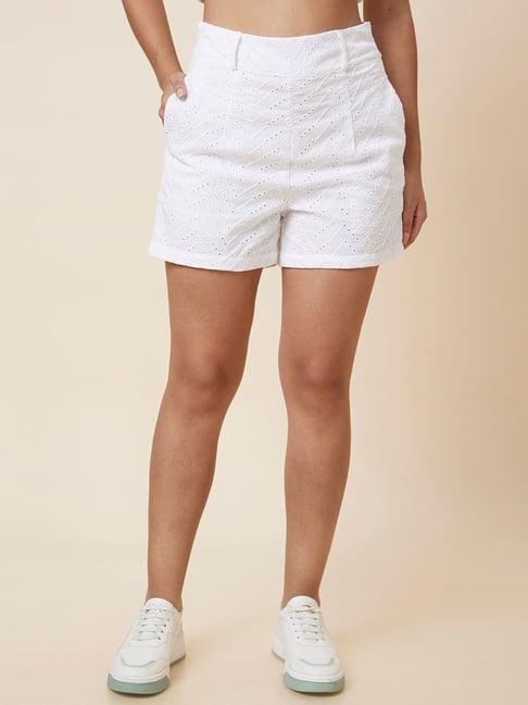 globus white cotton self design high rise shorts