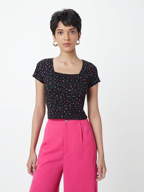 nuon by westside black floral-printed crop top