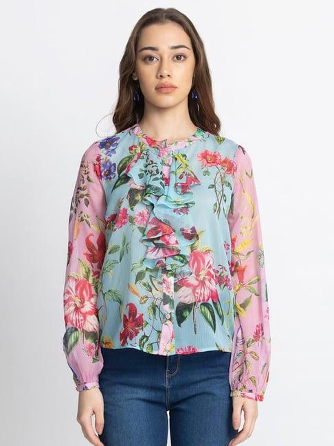 shaye blue & pink floral print shirt