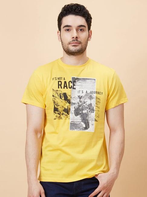 globus yellow regular fit graphic print cotton crew t-shirt