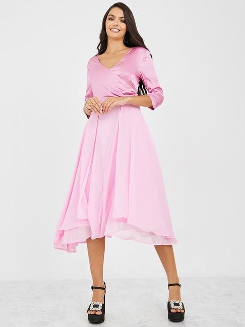 styli solid v neck a-line midi dress