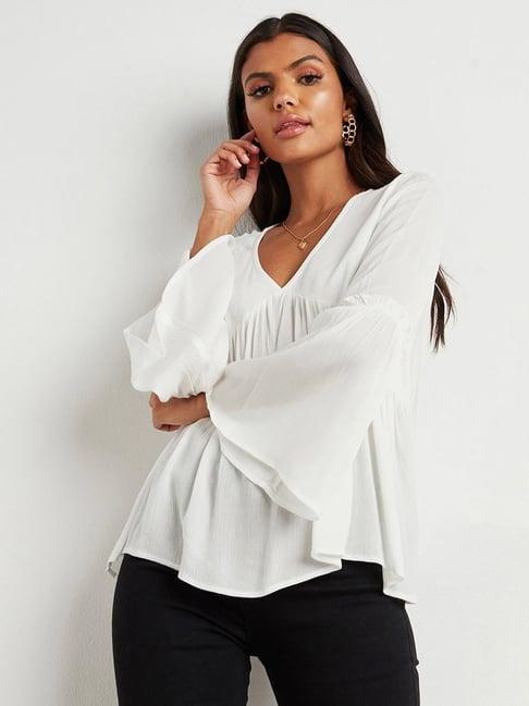 styli bell sleeve v neck gathered blouse