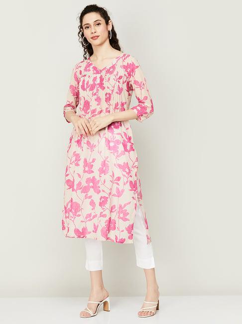 melange by lifestyle fuschia & beige floral print straight kurta