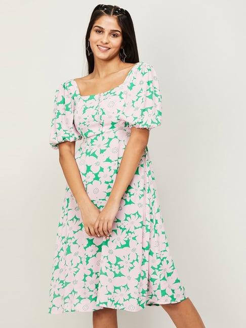 ginger by lifestyle green & pink floral print a-line dress