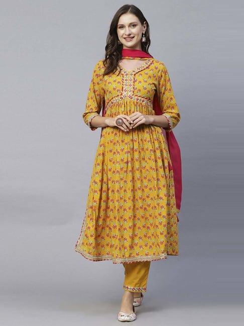 fashor mustard cotton printed kurta pant set with dupatta