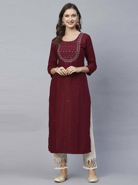 fashor maroon embellished straight kurta