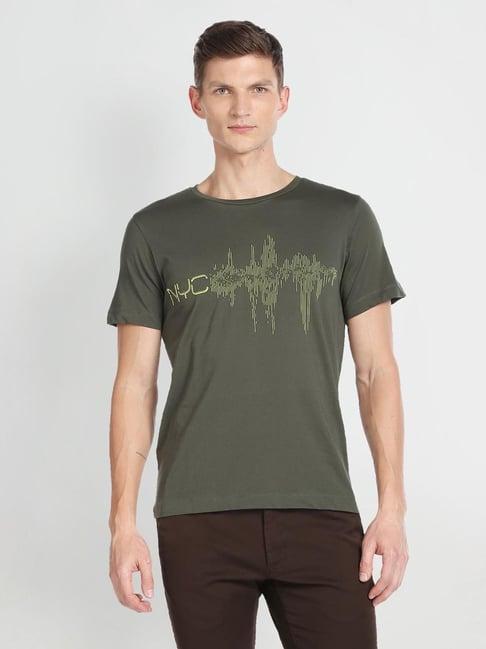 arrow new york green cotton regular fit printed t-shirt