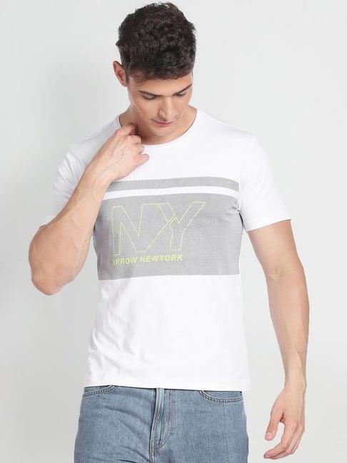 arrow new york white cotton regular fit printed t-shirt