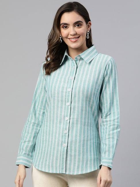 cottinfab green & white cotton striped shirt