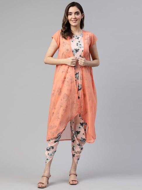 cottinfab peach floral print crepe jumpsuit with shrug