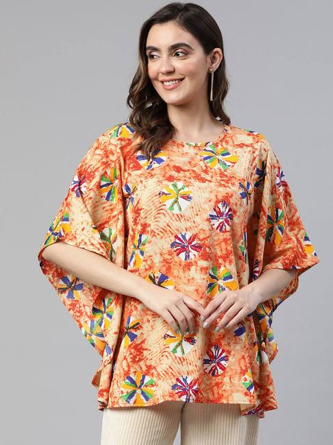 cottinfab orange printed longline crepe top