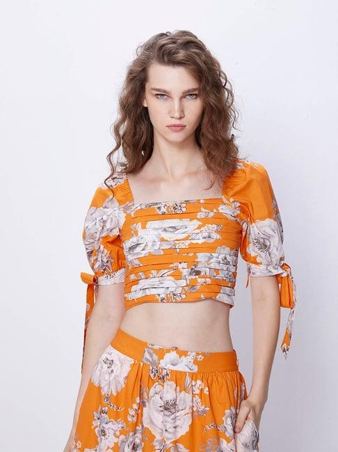 cover story orange cotton floral print crop top