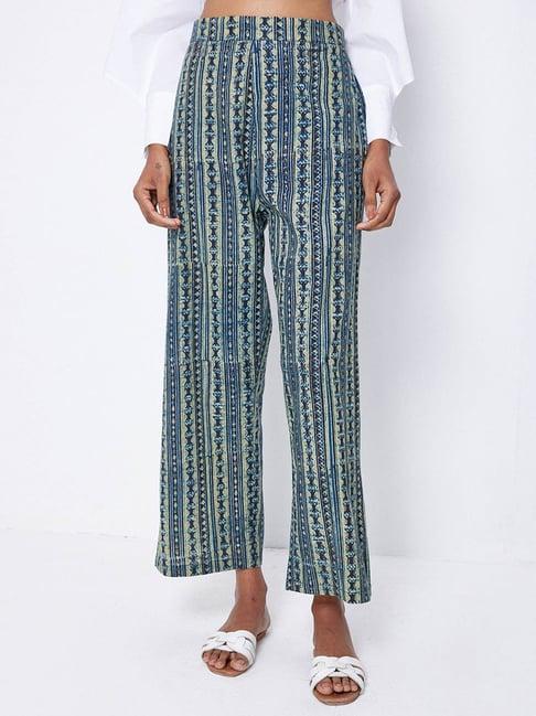 ancestry blue cotton abstract print regular fit high rise pants