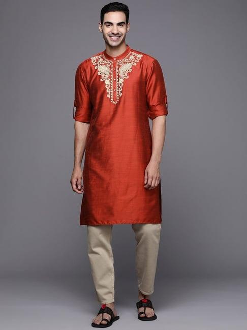 indo era orange cotton regular fit embroidered kurta