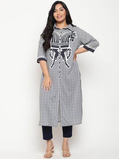 amydus black printed straight front open kurta