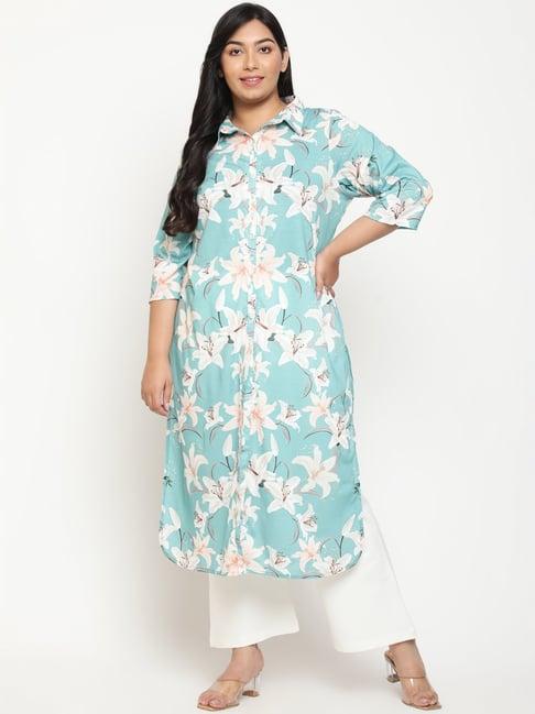 amydus blue & white floral print straight front open kurta