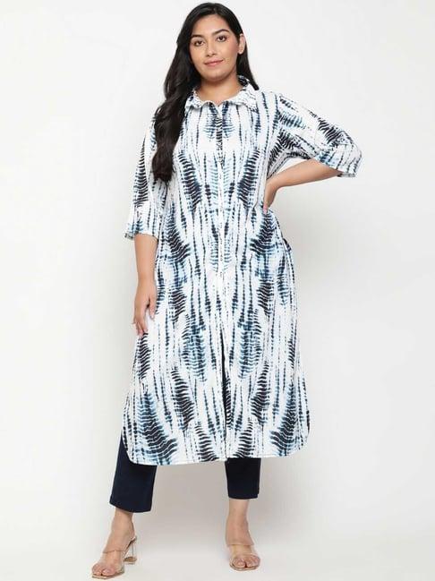 amydus indigo & white printed straight front open kurta