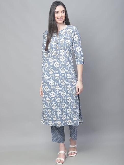 cantabil blue & white cotton printed kurta with pants