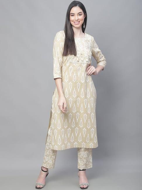 cantabil light beige cotton printed kurta with pants