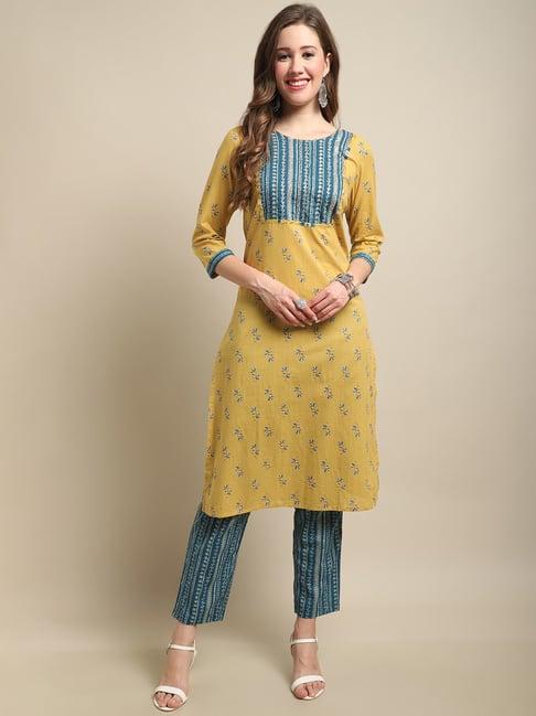 cantabil yellow cotton floral print kurta with pants