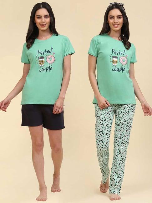 monte carlo green printed t-shirt with pyjamas & shorts