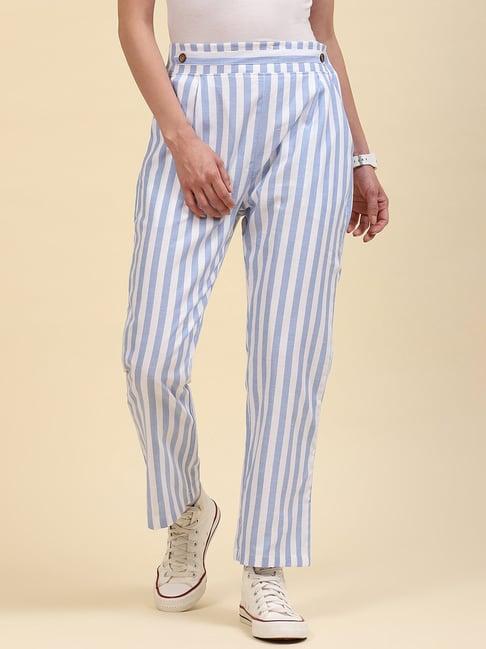 monte carlo blue striped regular fit mid rise trousers